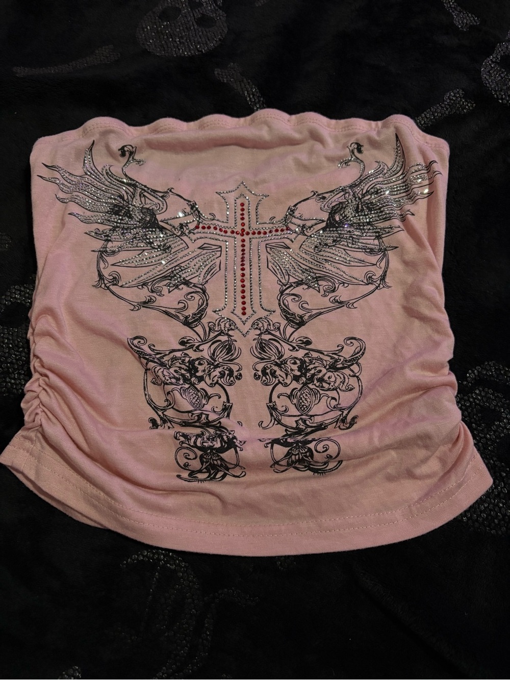 ROMWE Pink Rhinestone Cross & Wing Tube Camisole